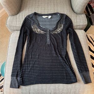 Miss Me Black and Gray Striped Long Sleeve Top